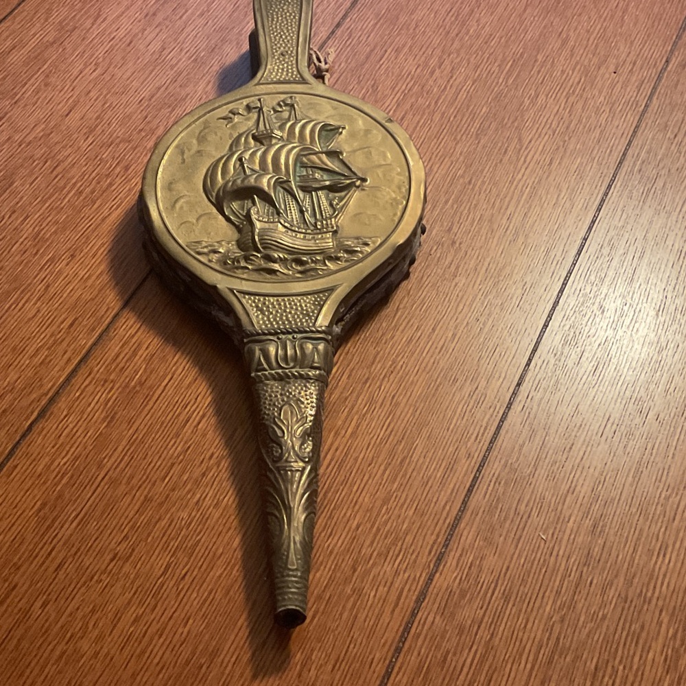 Vintage Brass Fireplace Bellows with Ship Design